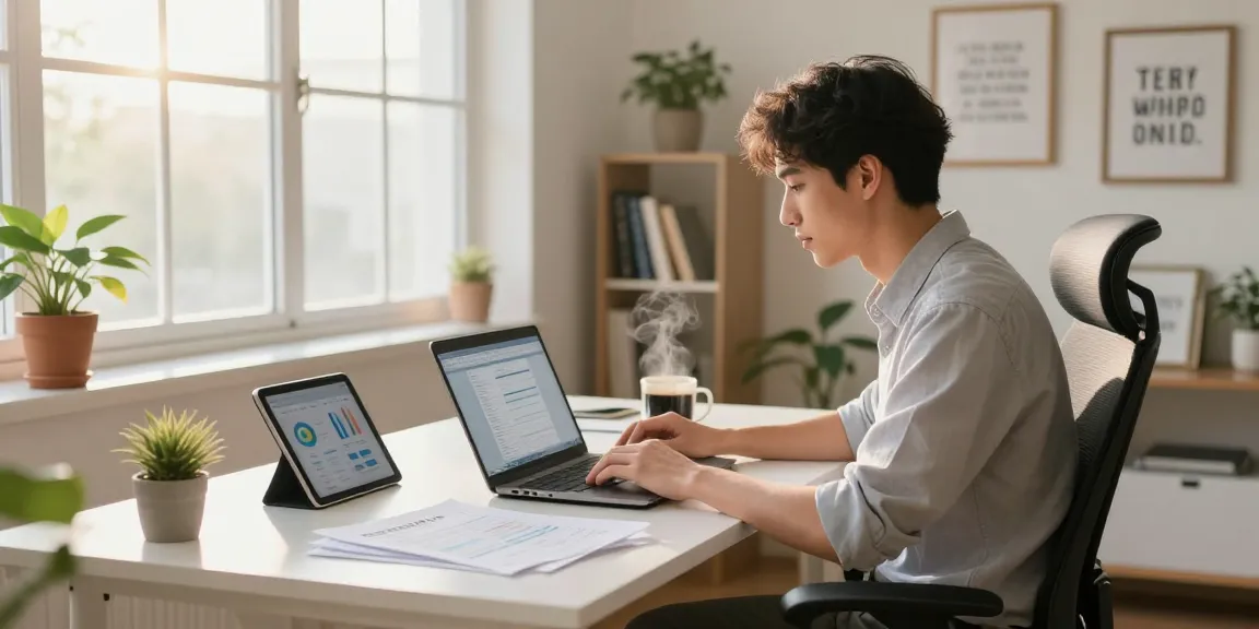 Download WPS Office while working in a modern home office with productivity tools and plants.