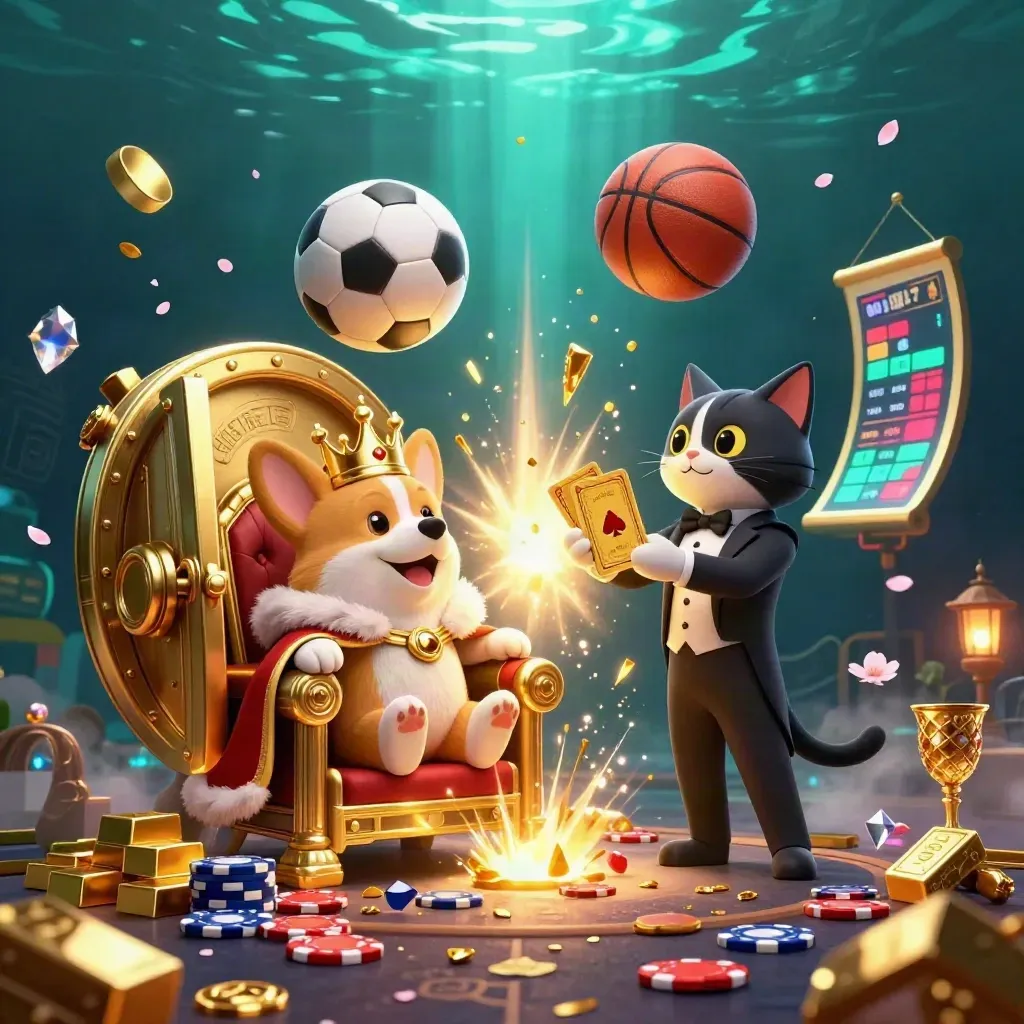 Corgi coroado e gato mordomo em trono de fichas, com bola e basquete em explosão dourada.