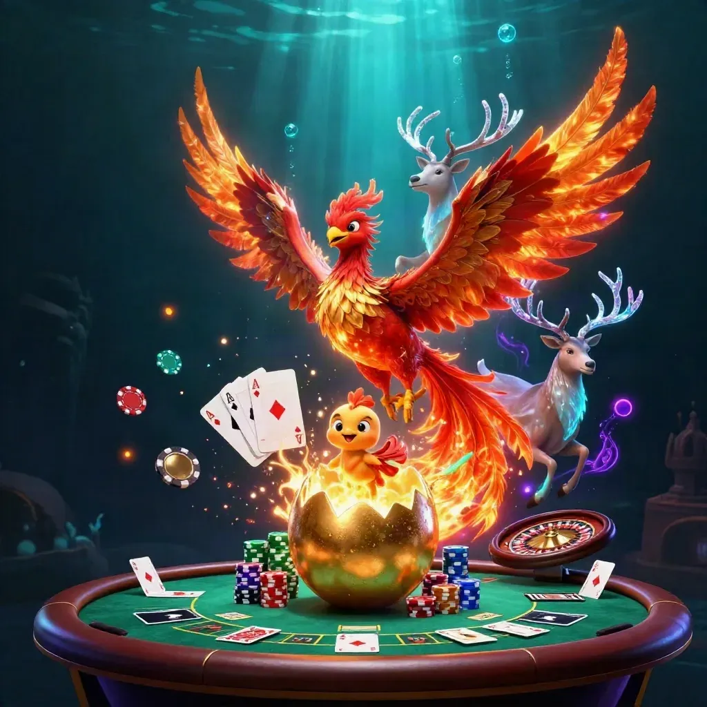 Fênix de fogo, cervo místico e bebê fênix cercados por mesa de pôquer e luzes neon submersas.