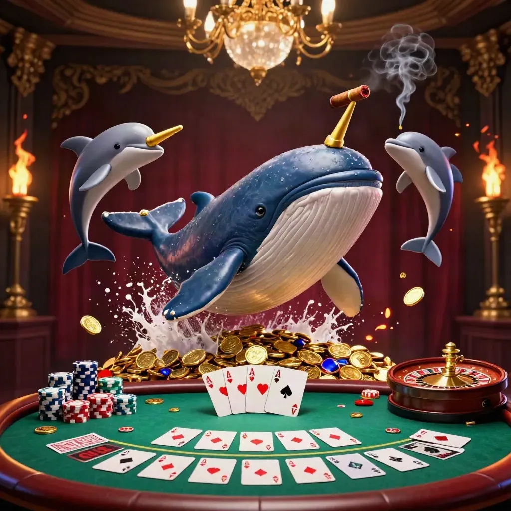 Baleia, narval e golfinhos em cassino de luxo com fichas, cartas e luz dourada.