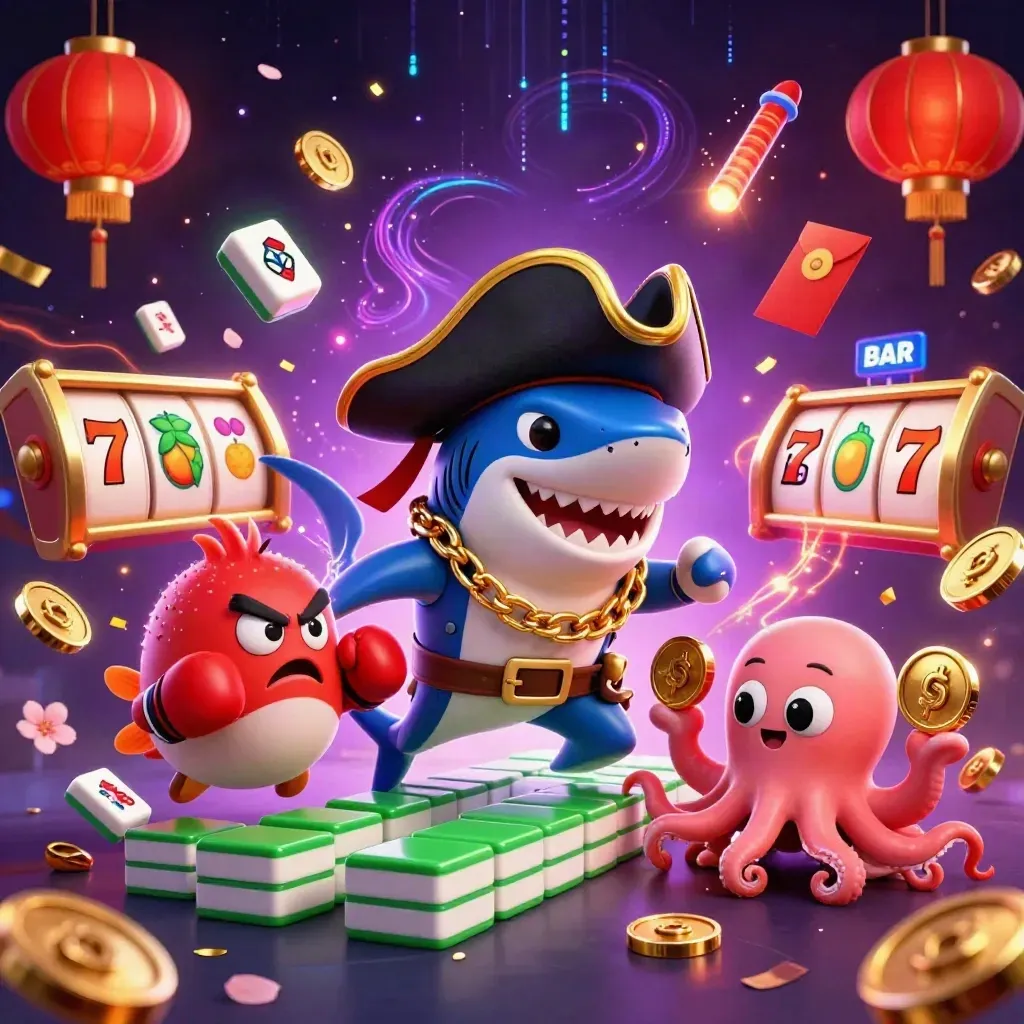 Tubarão pirata, baiacu boxeador e polvo bebê cercados por moedas, lanternas e raios neon.
