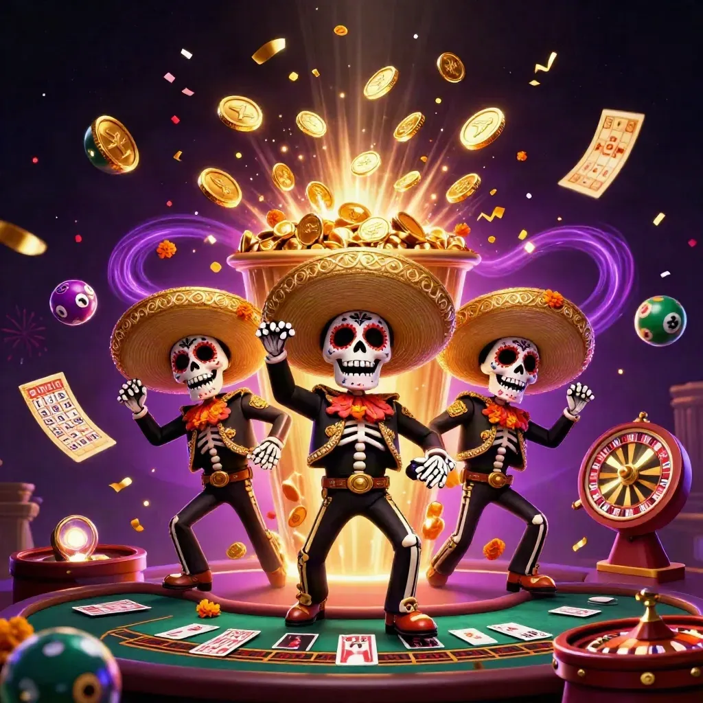 Trio mariachi de esqueletos com moedas, roleta e fogos em fundo roxo escuro.