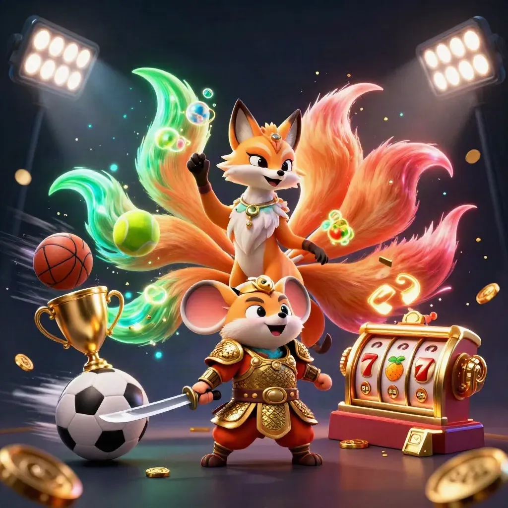 Raposa espiritual de nove caudas com rato samurai dourado e símbolos de cassino em luz neon.