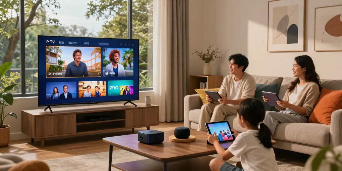Família assistindo IPTV confortavelmente na sala, destacando a experiência de streaming.
